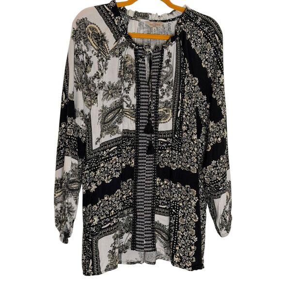 Casa Cabana Boho Blouse Shirt Top Tunic Mixed Print Black White XL bv - Picture 1 of 8